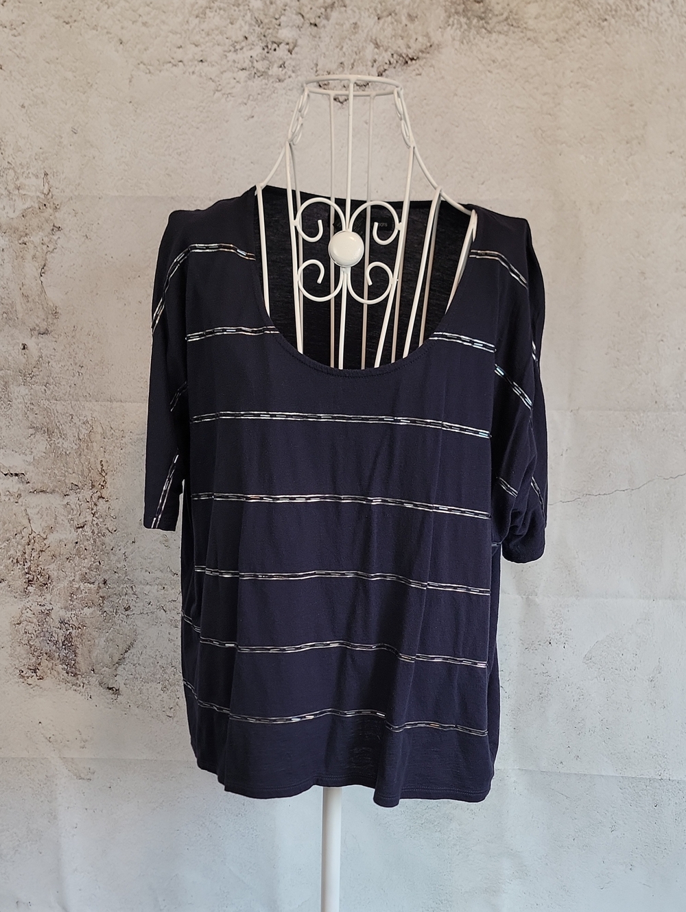 Calvin Klein Jeans Navy Scoop Neck Short Sleeve Top with Metallic Stripes Size M